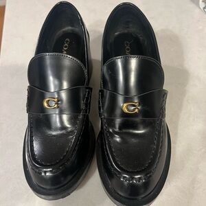 Coach Black Leather Penny Loafers with Gold Hardware